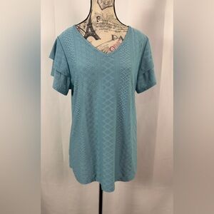 Kikula Blue Lace V-Neck Top with Short Sleeves/Ruffle Sleeves Size M